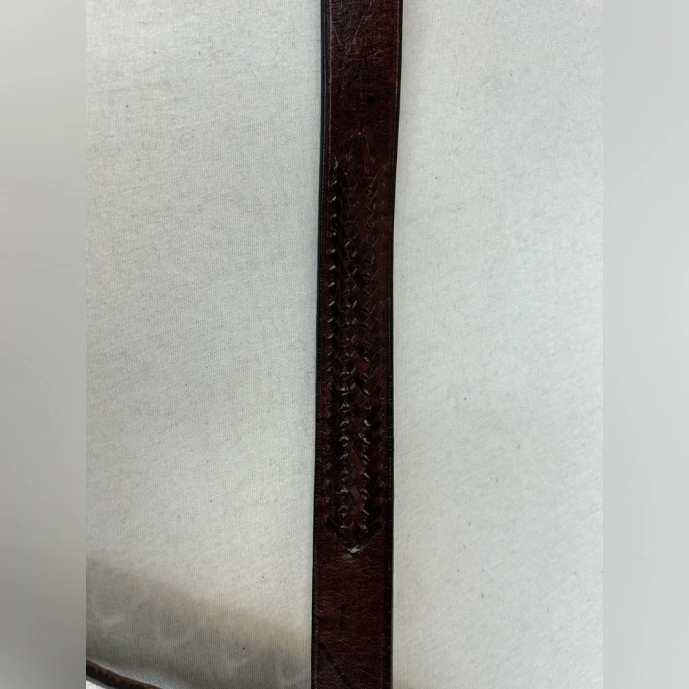 Vintage Brown Leather Belt with Brass Buckle Braided Accent Size 36/38 Mens